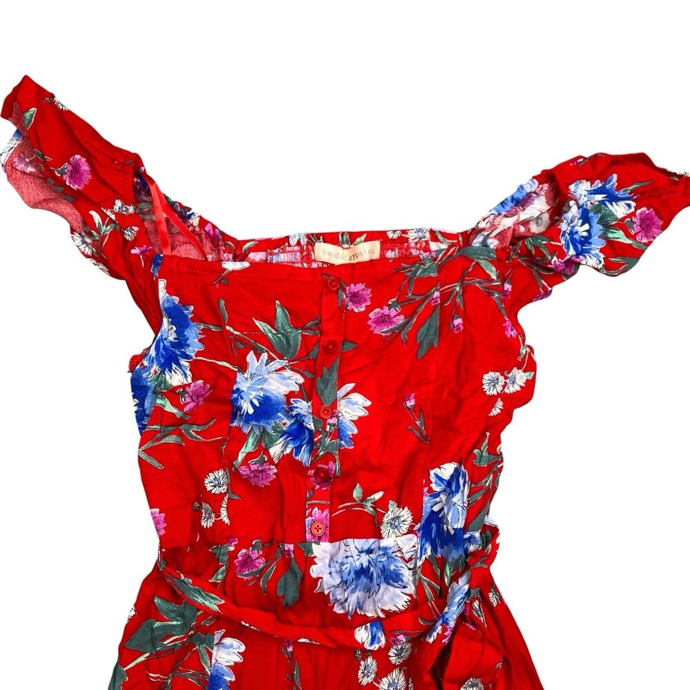 Band of Gypsies Maxi Dress Womens S Red Floral Off Shoulder Waist Tie‎ Romantic - Picture 5 of 11